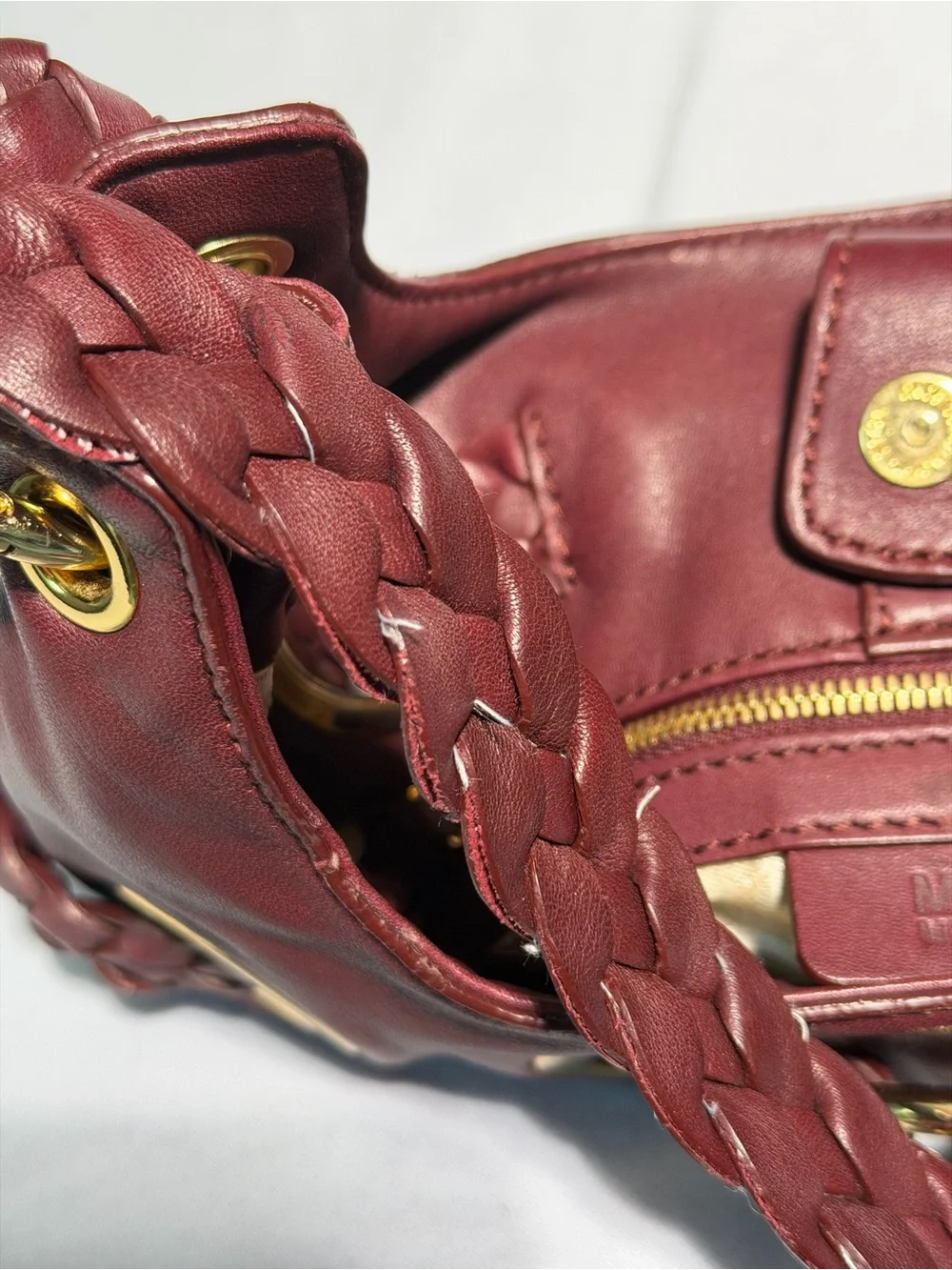 Michael Kors Burgundy Leather Braided Grommet Tassel Shoulder Bag Gold Hardware